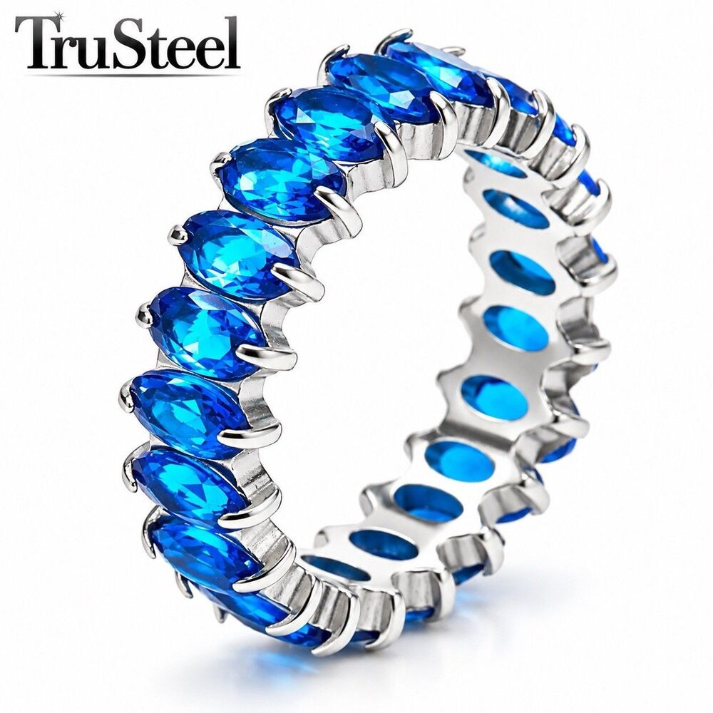 Women’s 316L Stainless Steel Blue CZ Marquise Eternity Ring Band Size 7